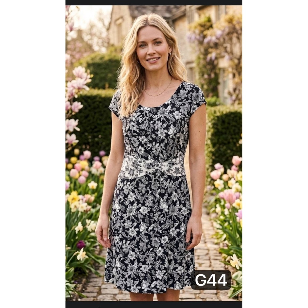 Lands' End Black & White Floral Fit & Flare Dress Plus Sz 1X (16W-18W) Cotton